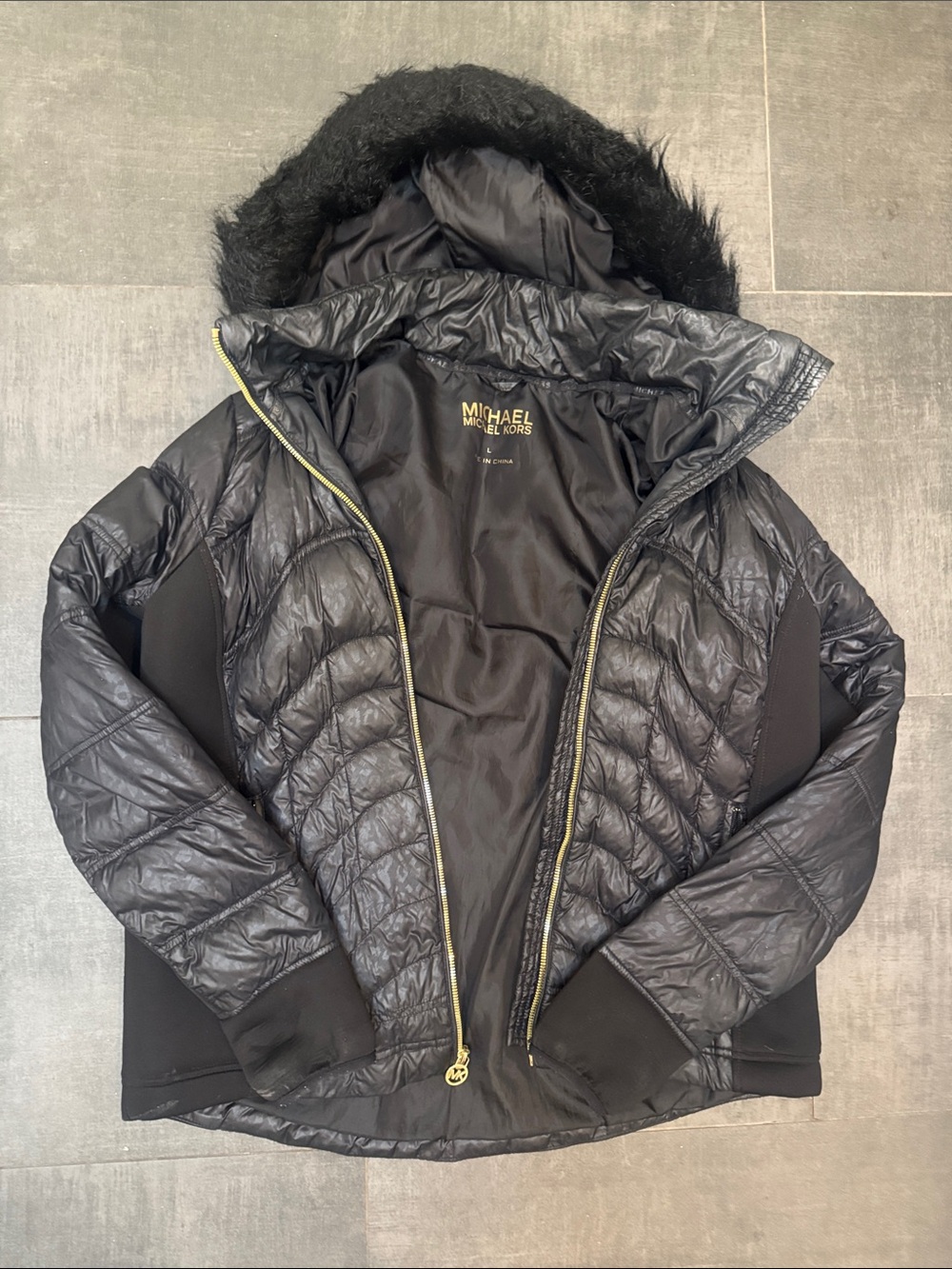 Michael Kors Black Quilted Hooded Puffer with Faux Fur Trim